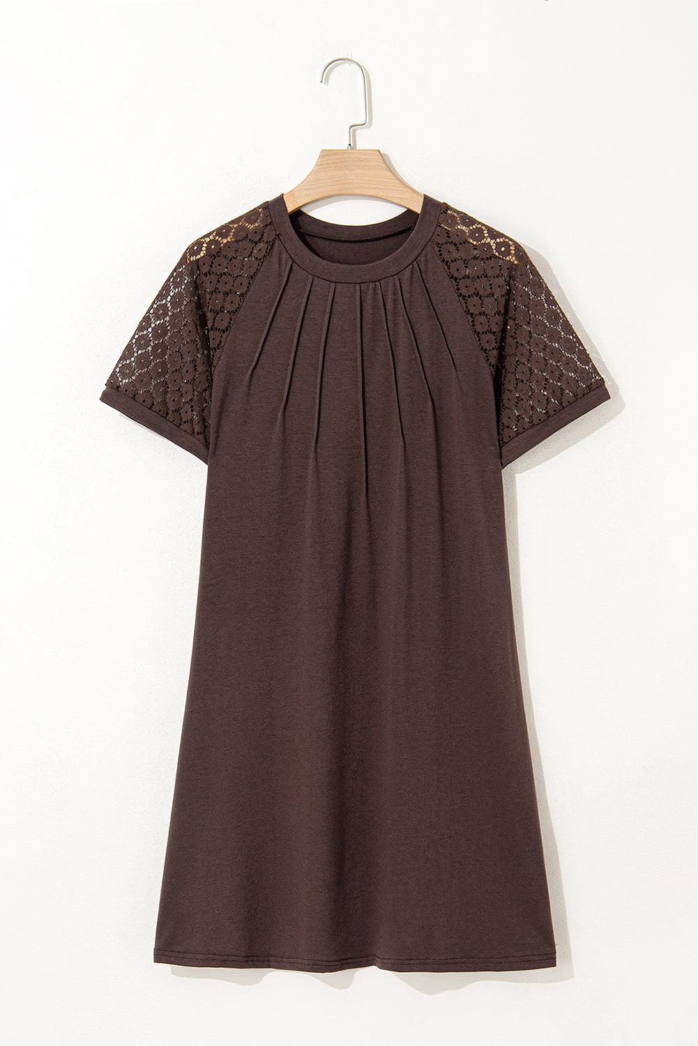 Dark Brown Contrast Lace Raglan Sleeve Pleated Detail Shift Dress