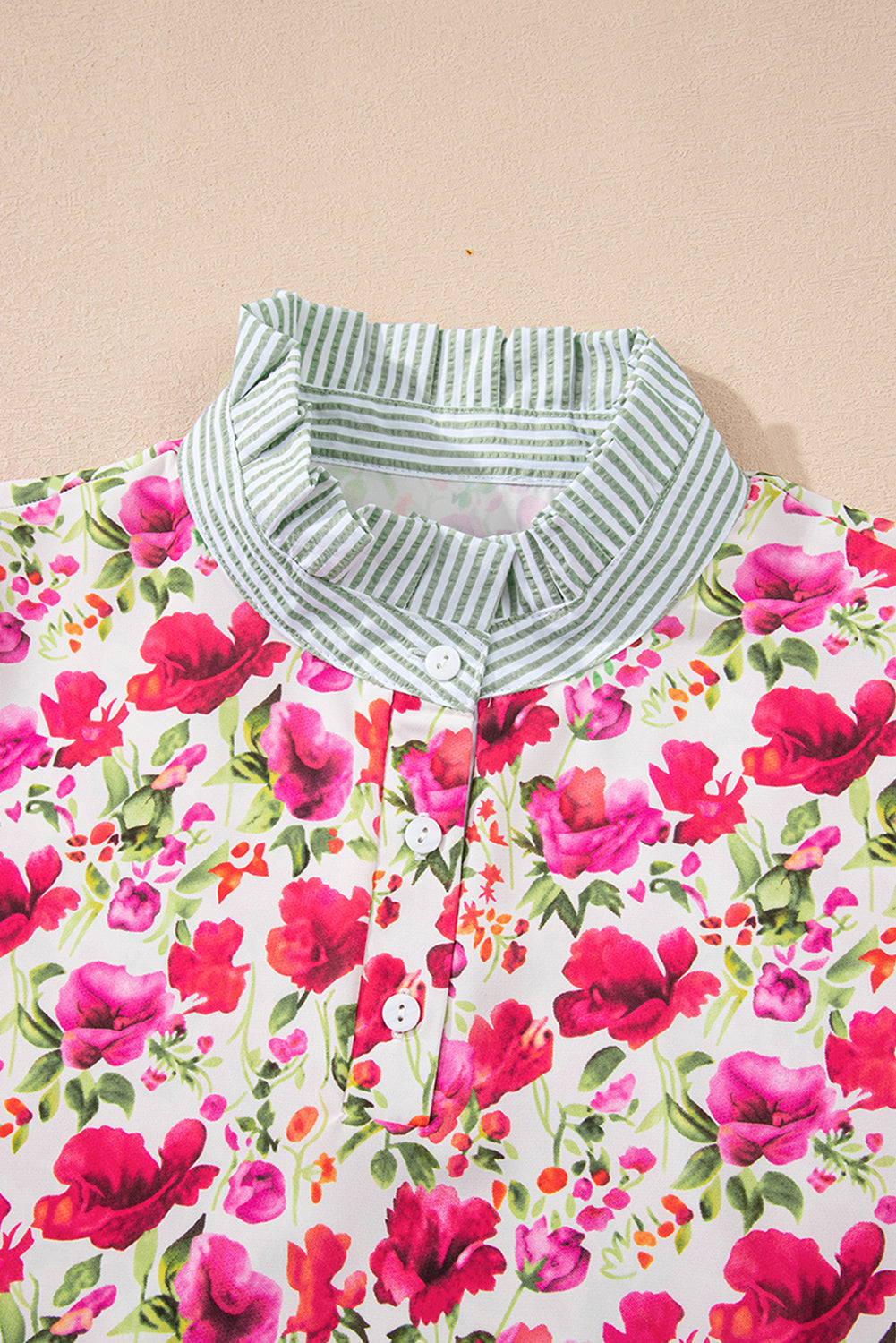 Sky Blue Floral Print Striped Patchwork Collared Short Sleeve Blouse