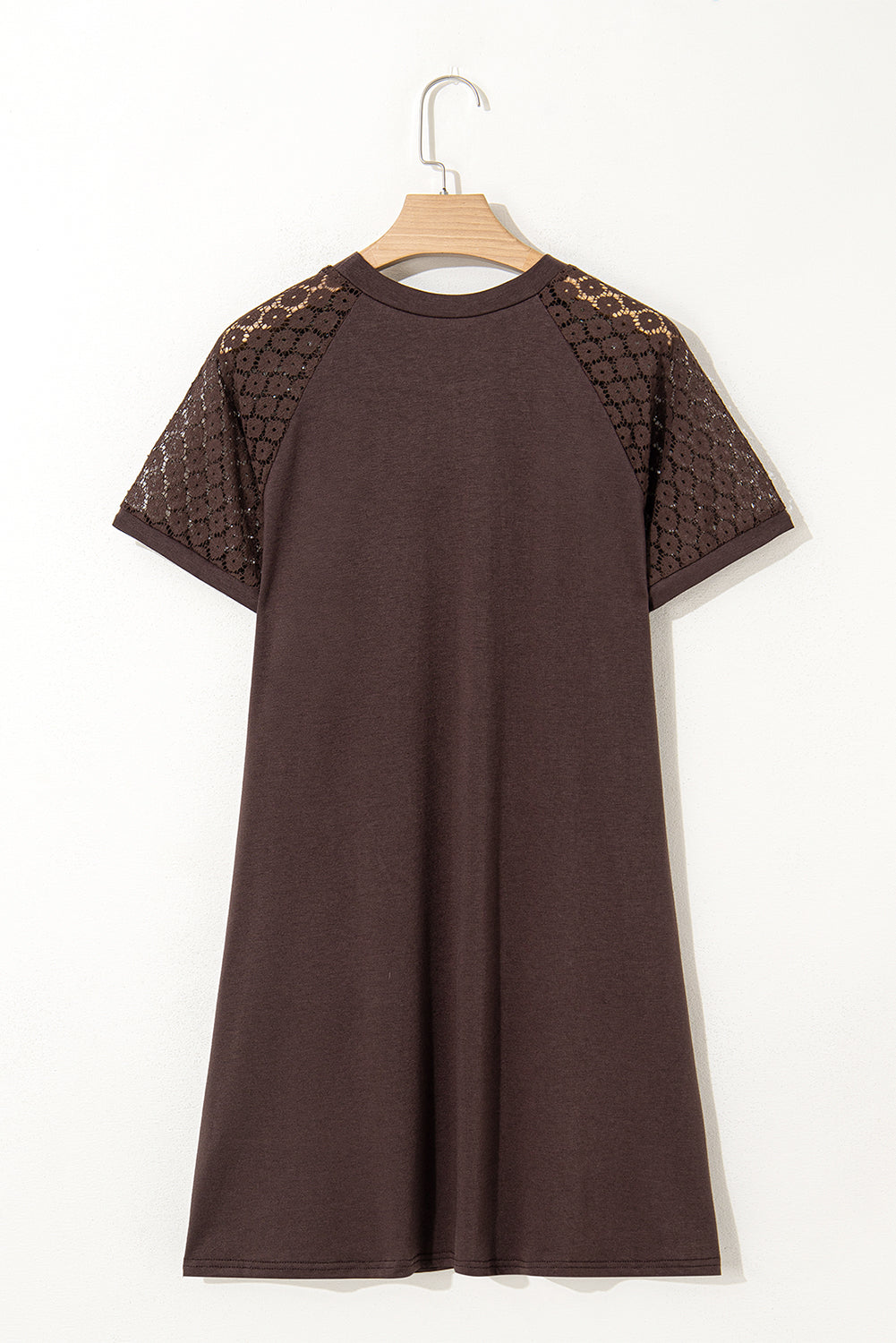 Dark Brown Contrast Lace Raglan Sleeve Pleated Detail Shift Dress
