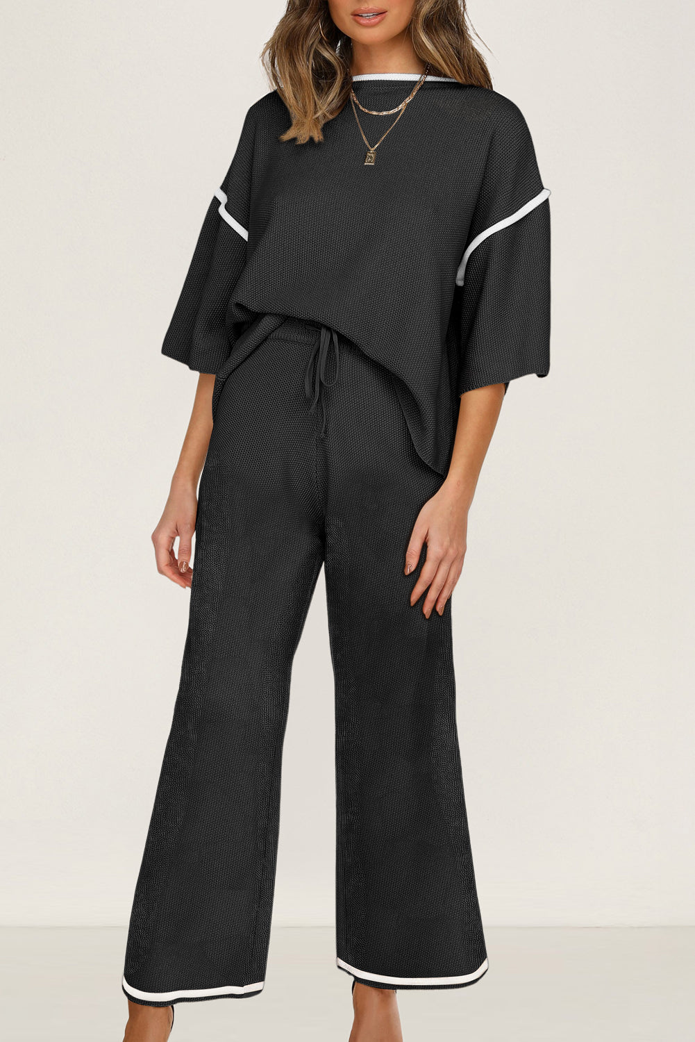 Canton Contrast Trim Half Sleeve Top Drawstring Pants Loose 2pcs Sweater Suit