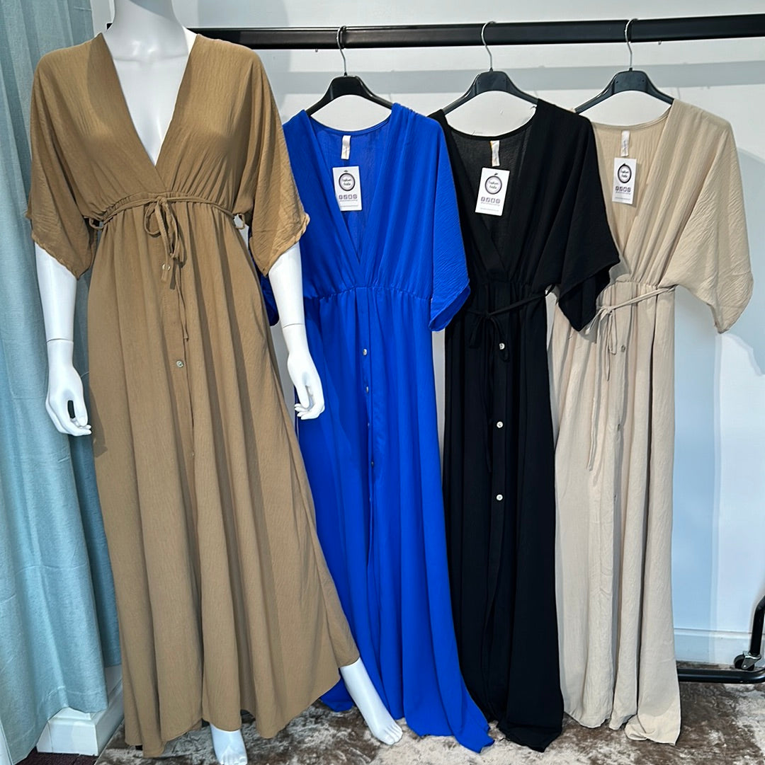 1613 - Belted Button V Neck Maxi Dress
