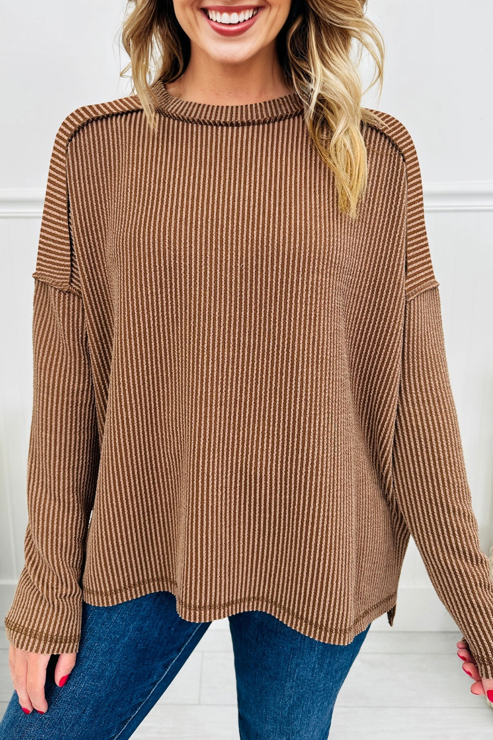 Dark Khaki Twist Ribbed Exposed Seam Detail Long Sleeve Loose Top