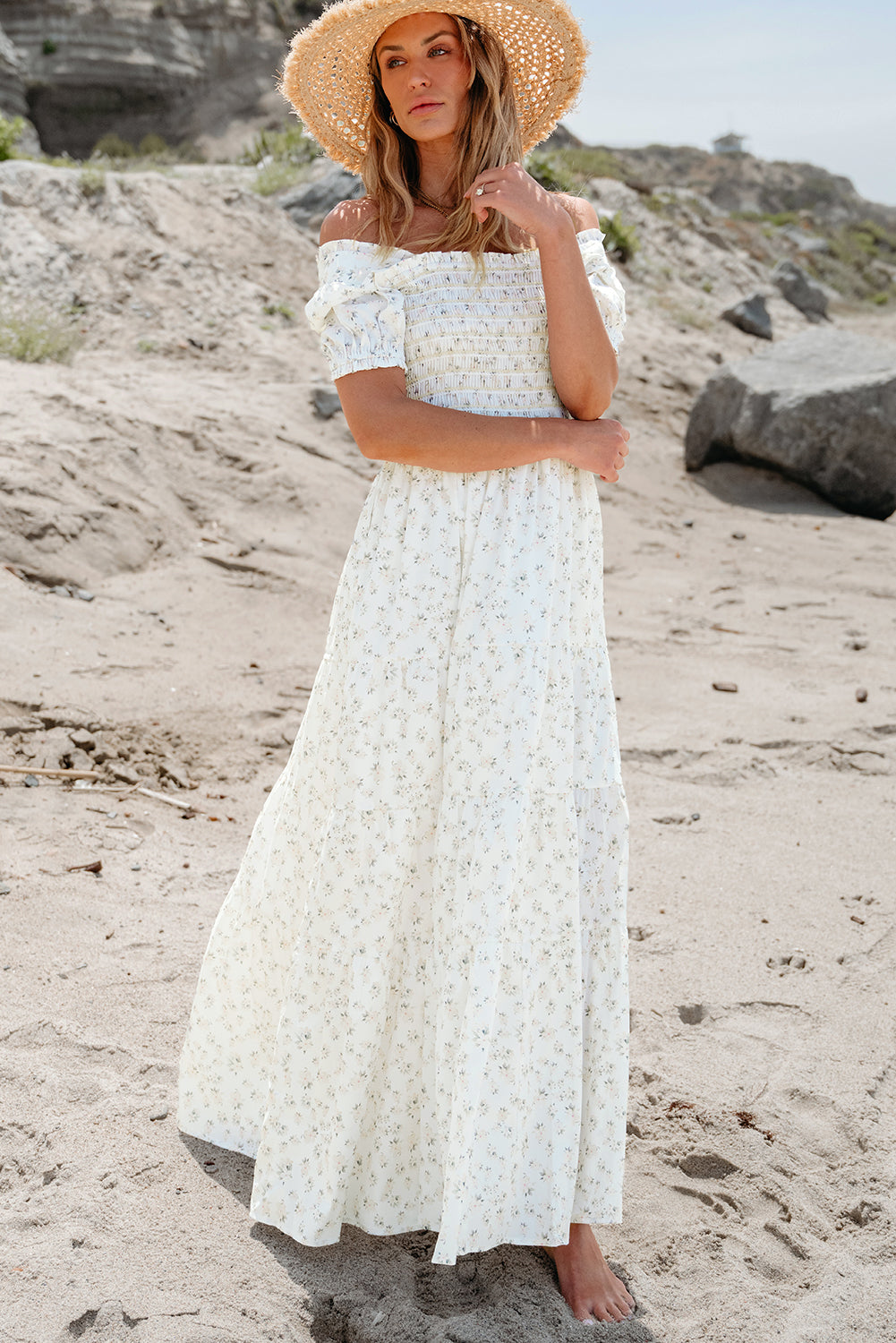 Pink Frilly Shirred Bodice Tiered Floral Maxi Dress