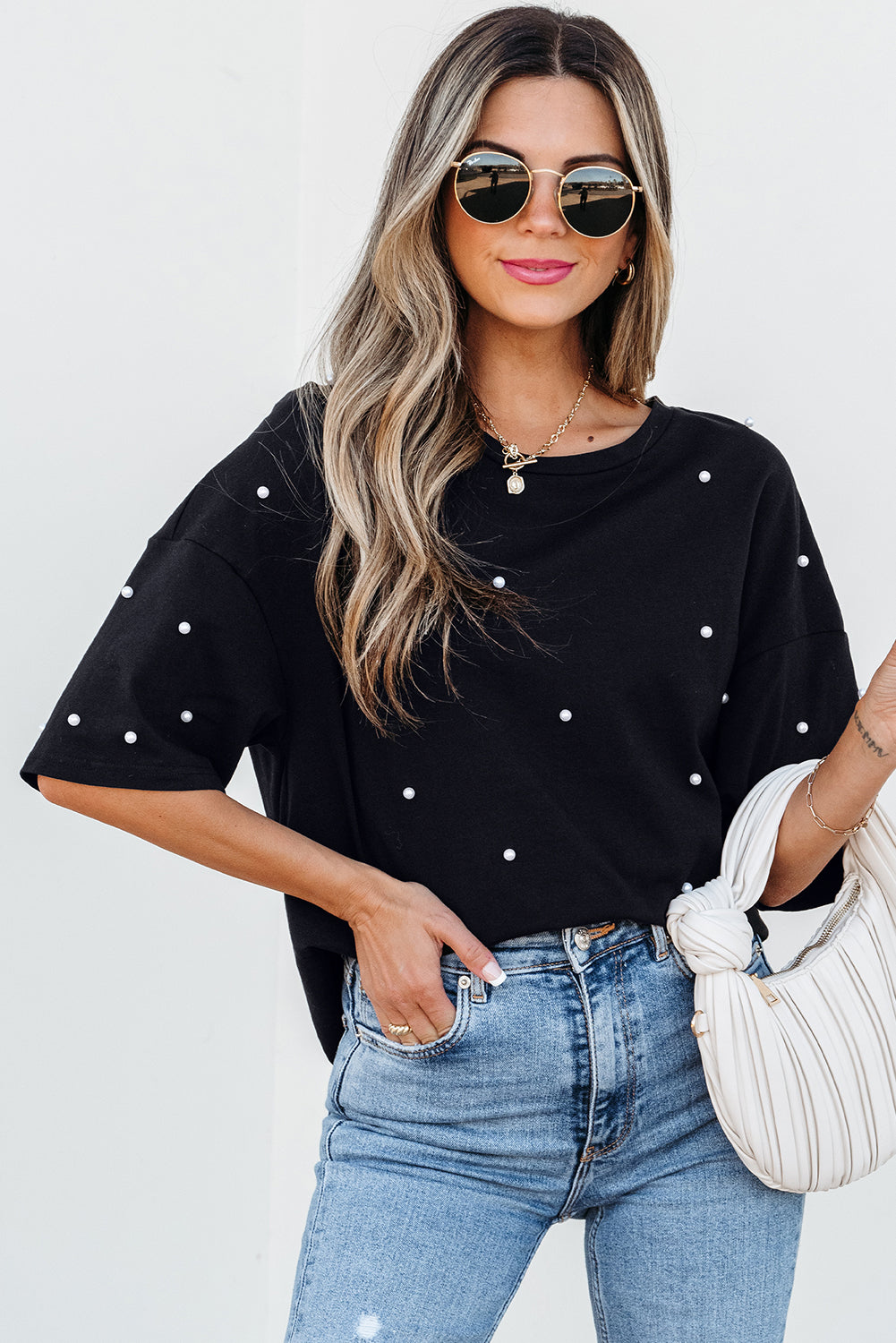 Bright Pink Pearl Beaded Drop Shoulder Crewneck T Shirt