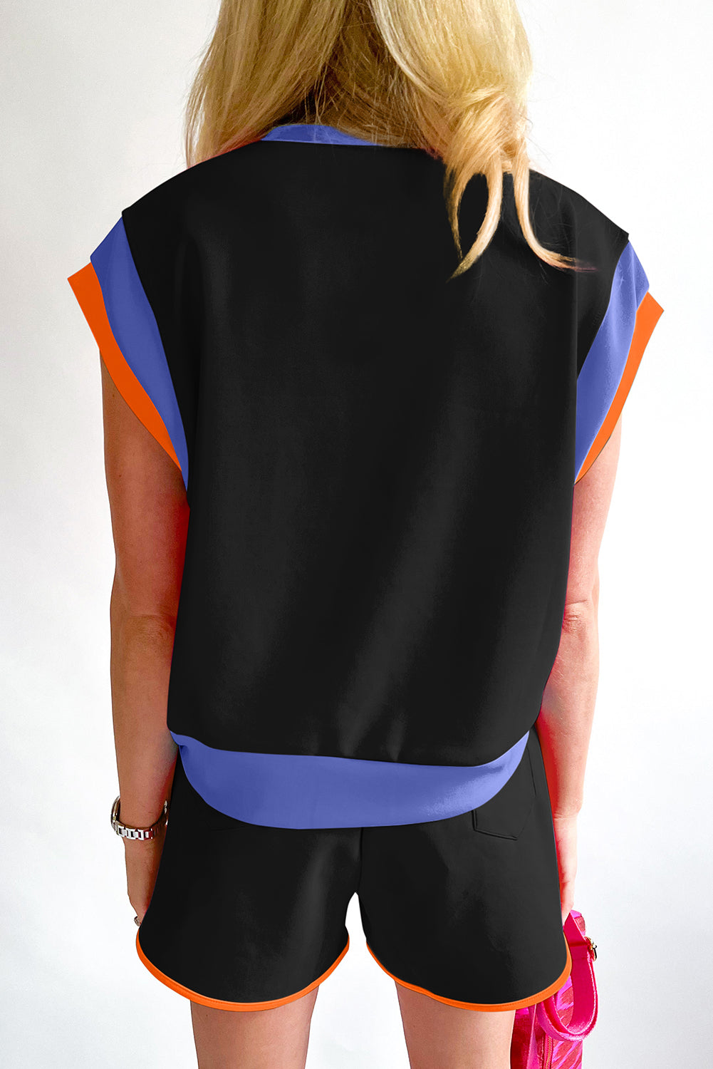 Blue Contrast Trim Cap Sleeve Tee Shorts Set