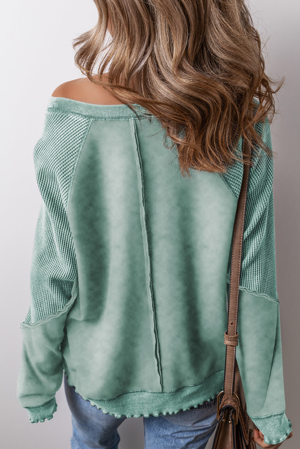 Light Grey Solid Waffle Knit Patchwork Raglan Sleeve Sweatshirt