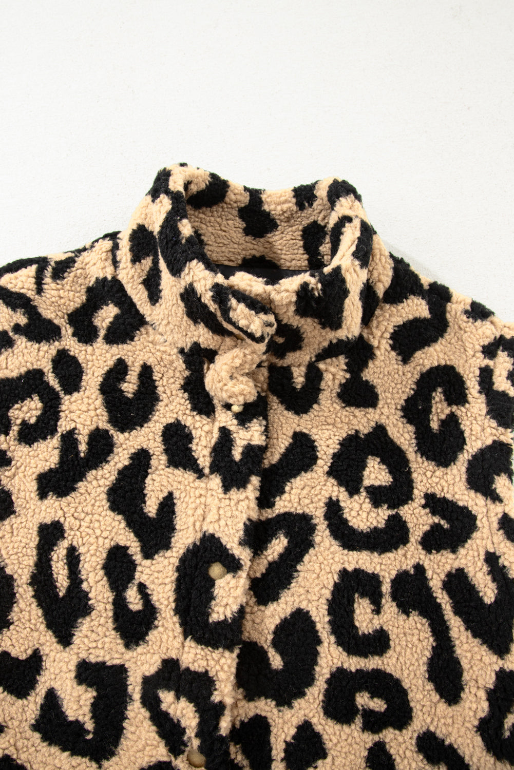 Khaki Leopard Sherpa Button Front Collared Plus Size Vest Jacket