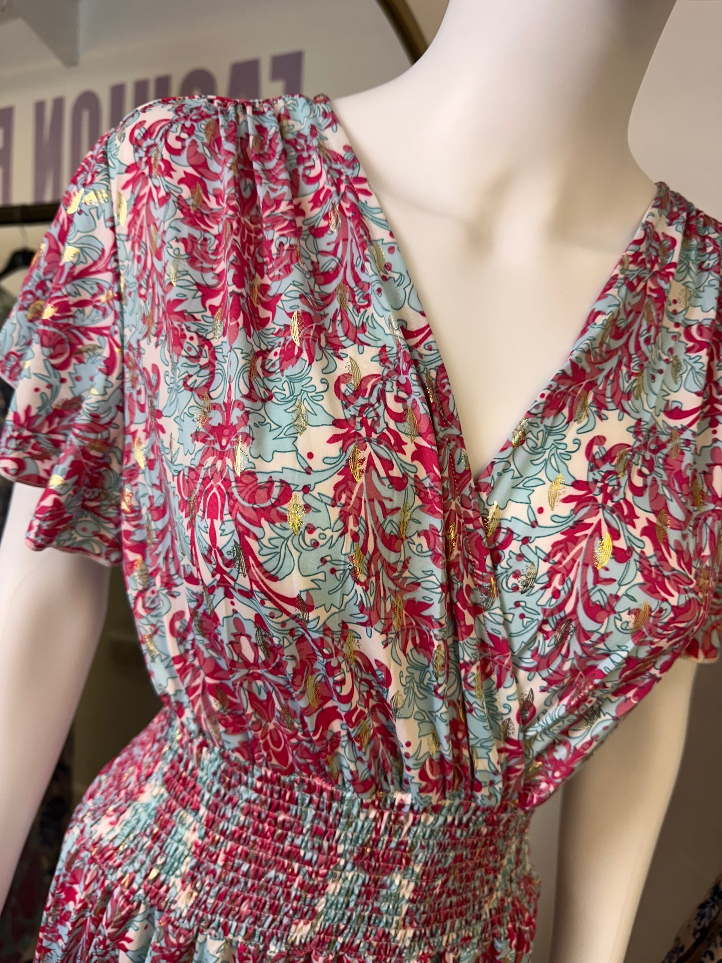 1920 - Magic Wide Leg Playsuit with Frill Shoulders Leaf Pattern