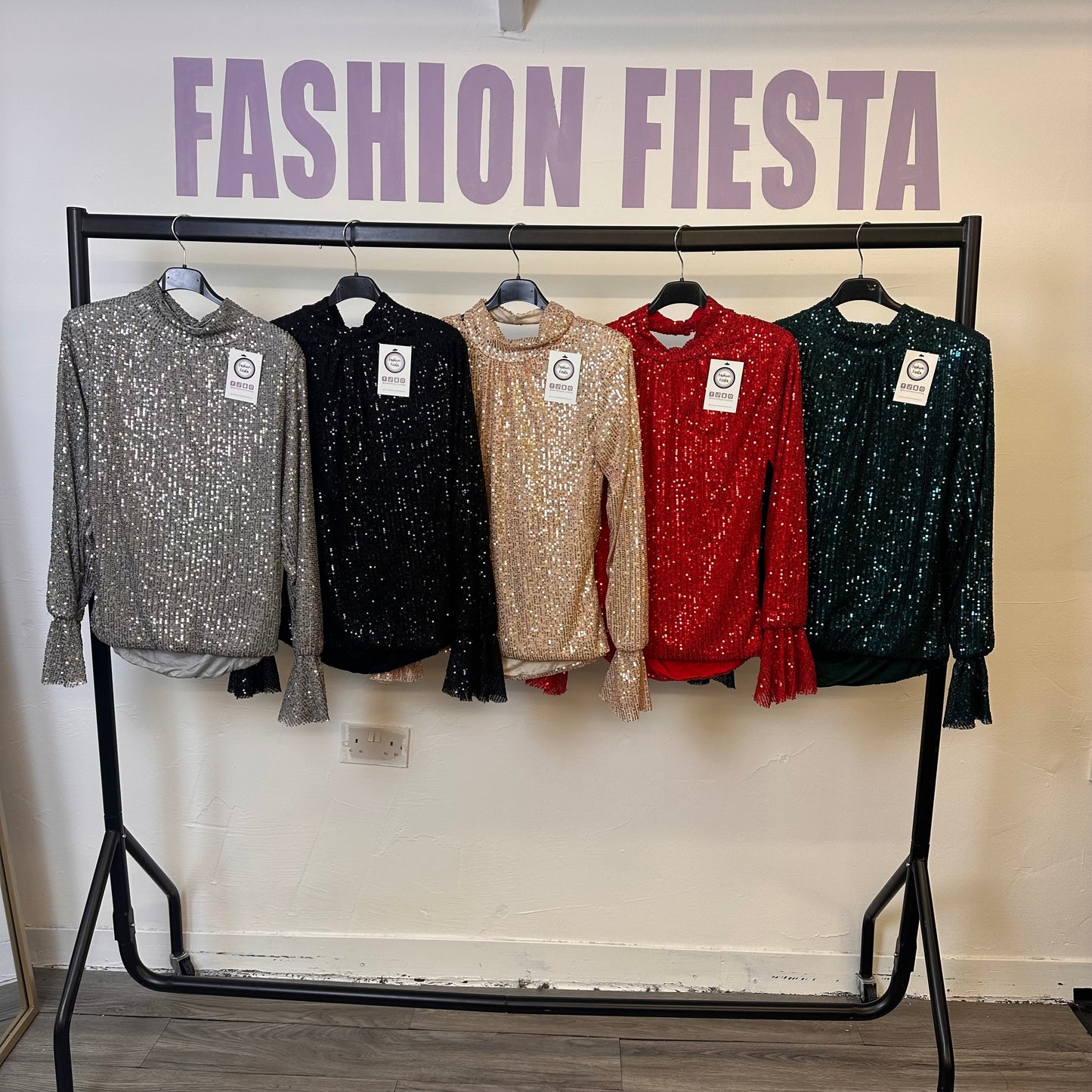 1890 - High Neck Long Sleeve Low Back Sequin Top