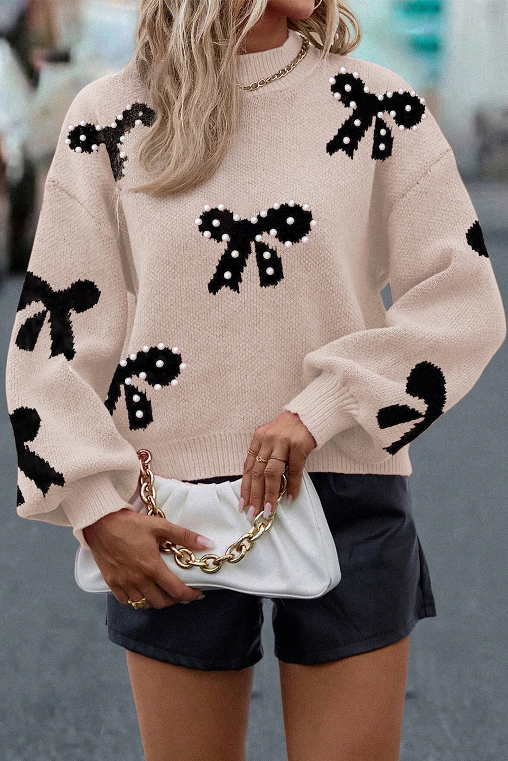 Smoke Gray Pearl Embellished Bow Pattern Loose Sweater