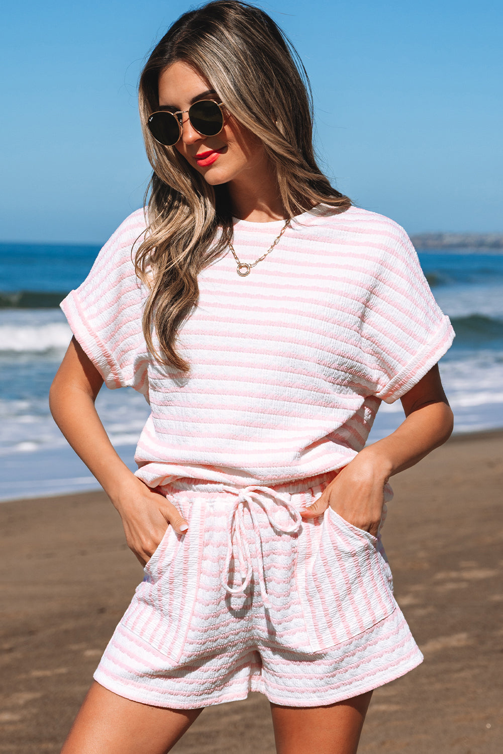 Black Stripe Knitted Short Sleeve Top and Drawstring Shorts Set