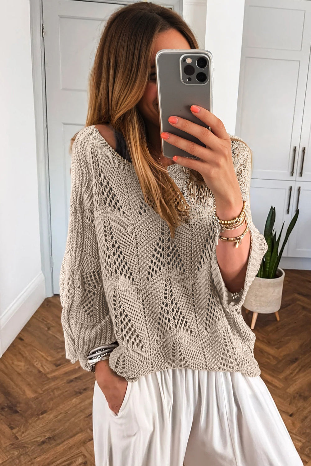 Seagrass Hollow Out Knit 7/8 Sleeve Casual Sweater