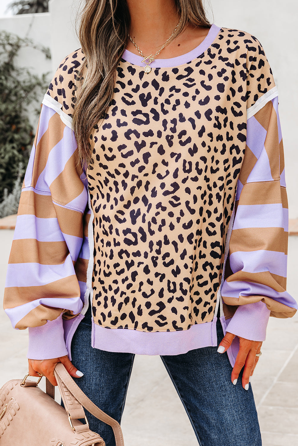 Khaki Stripe Color Block Patchwork Leopard Casual Sweatshirt with Slits