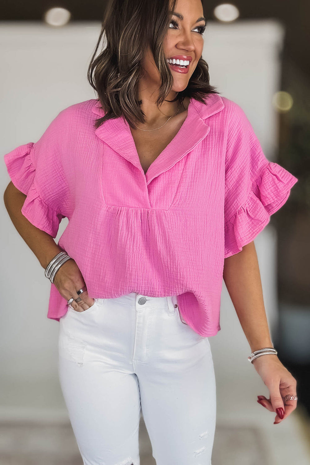 Sachet Pink Textured Ruffled Sleeve Collared V Neck Loose Fit Top