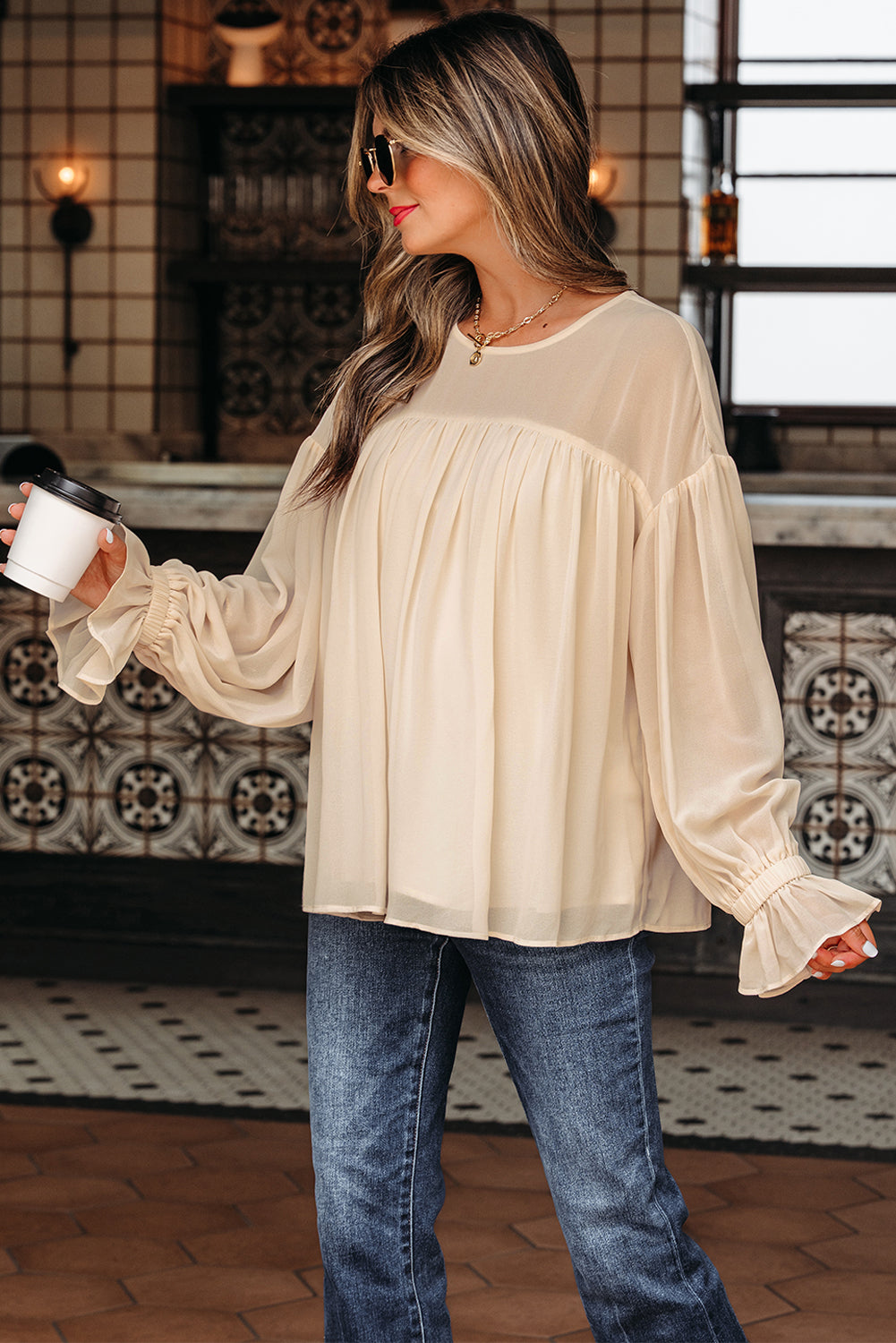 Parchment Pleated Ruffle Long Sleeve Chiffon Blouse