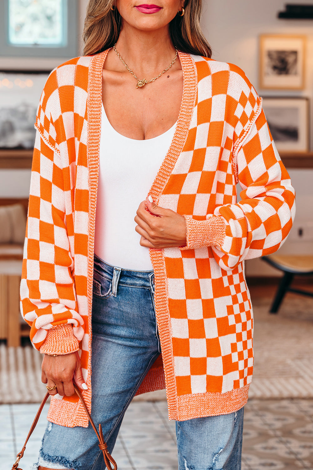 Brown Checkered Open Front Drop Shoulder Cardigan