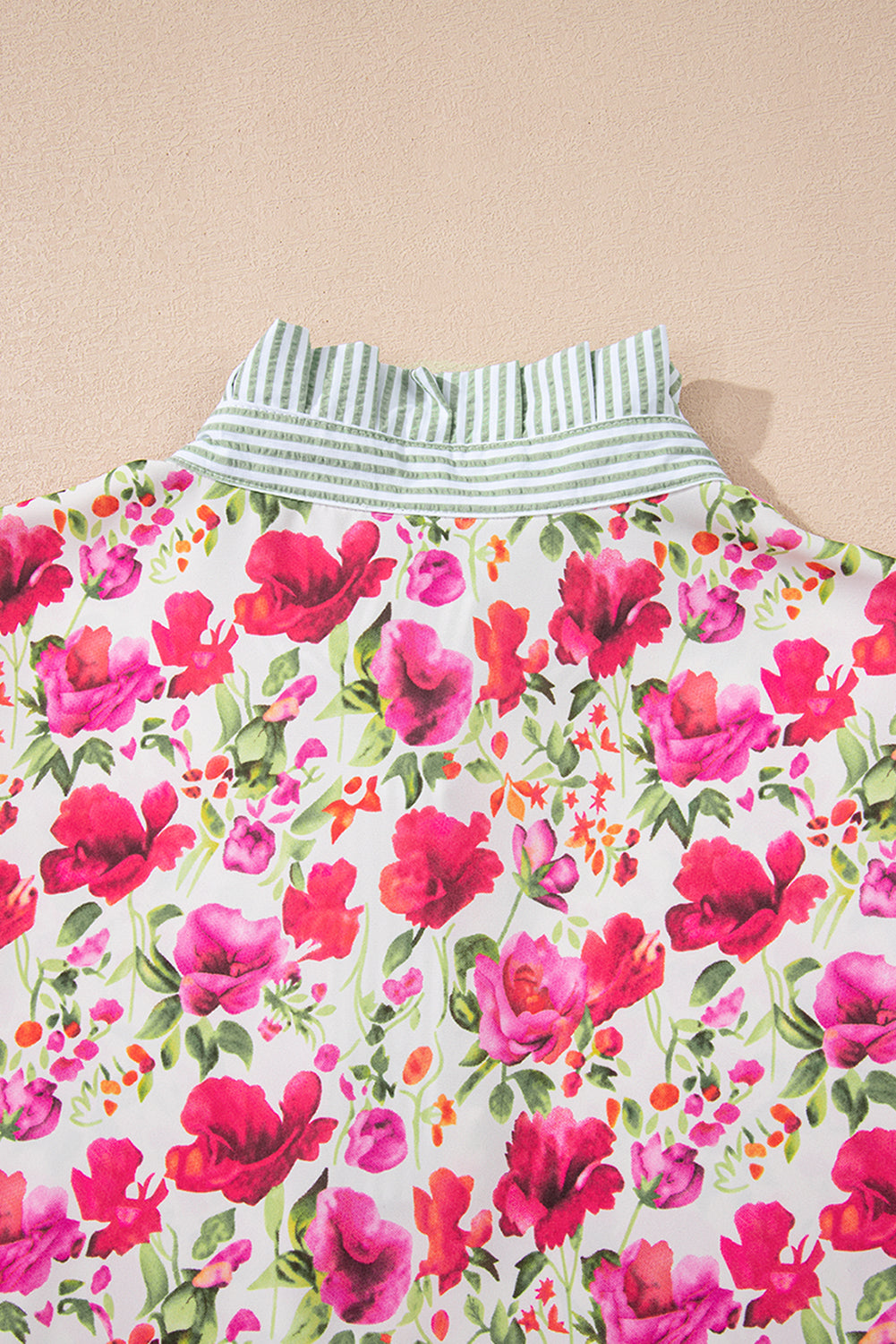 Sky Blue Floral Print Striped Patchwork Collared Short Sleeve Blouse