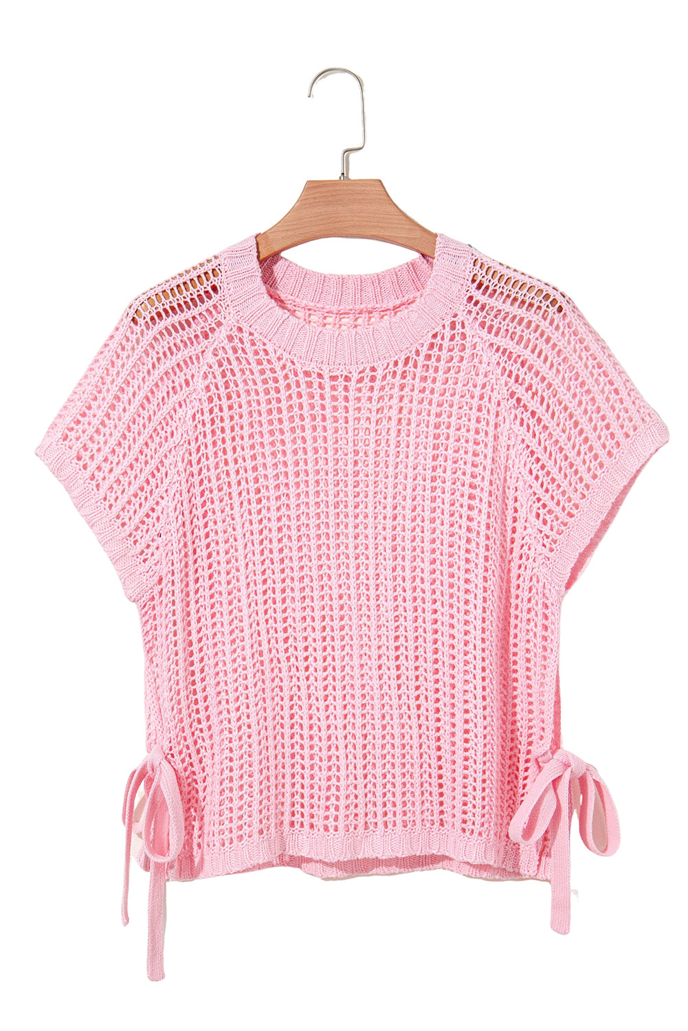 Yellow Cream Hollow-out Crochet Side Tied Short Sleeve Sweater