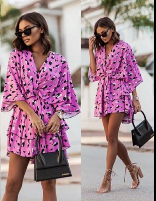 1643 - Patterned Batwing Layered Dress