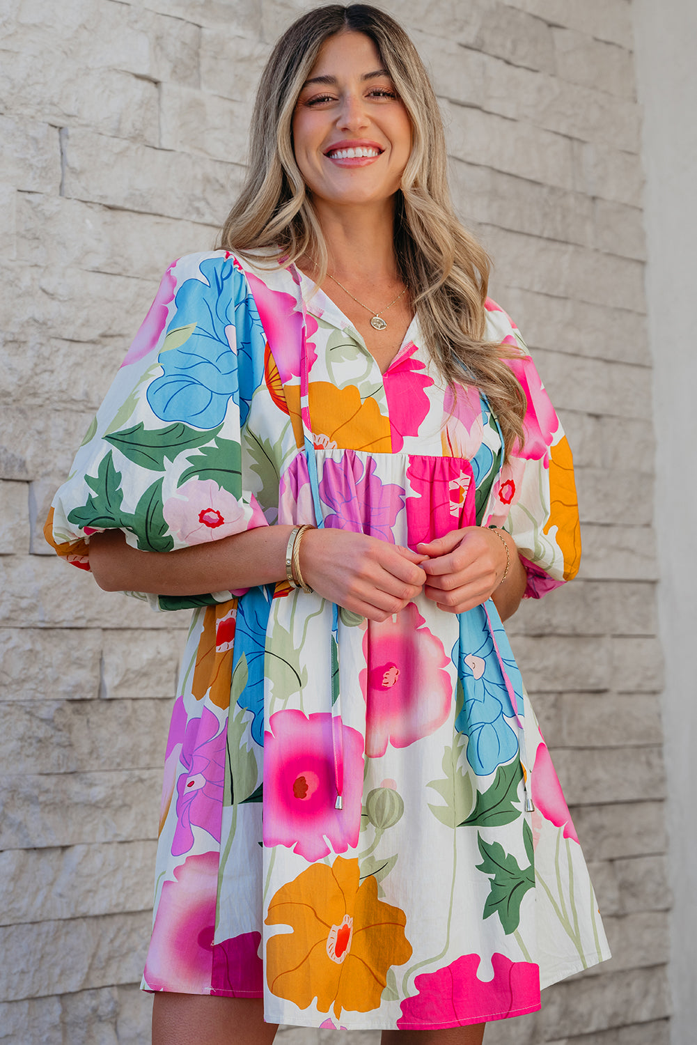 Dark Blue Floral Print Split Neck Babydoll Dress