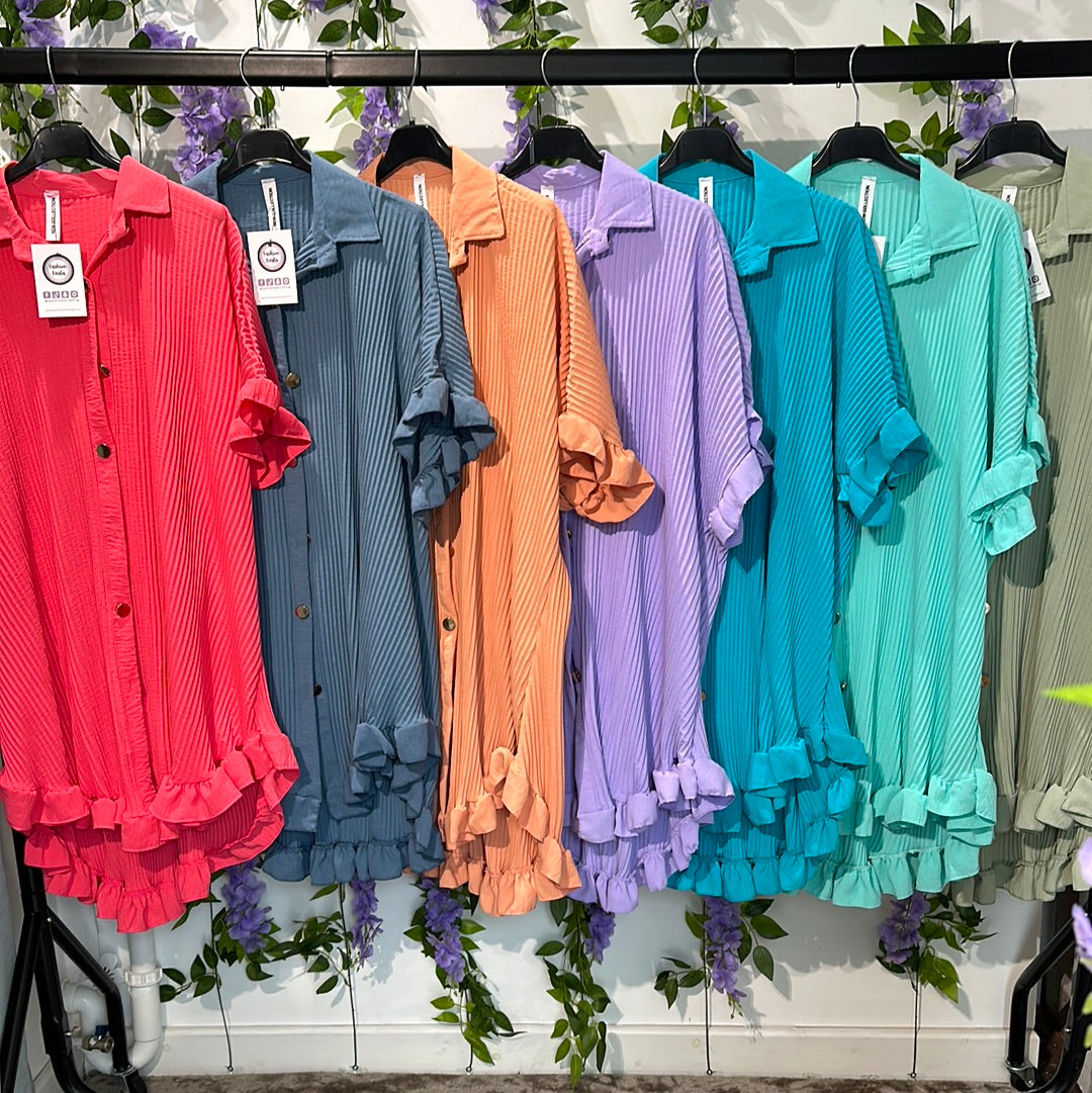 1025 - PLEATED FRILL EDGE GOLD BUTTON BLOUSE / DRESS (13 COLOURS)