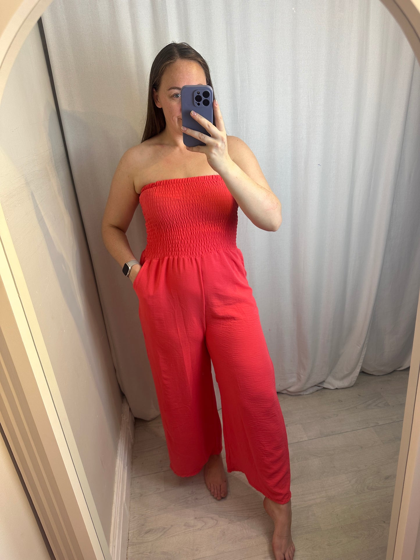 Strapless Shirred Wide-Leg Jumpsuit