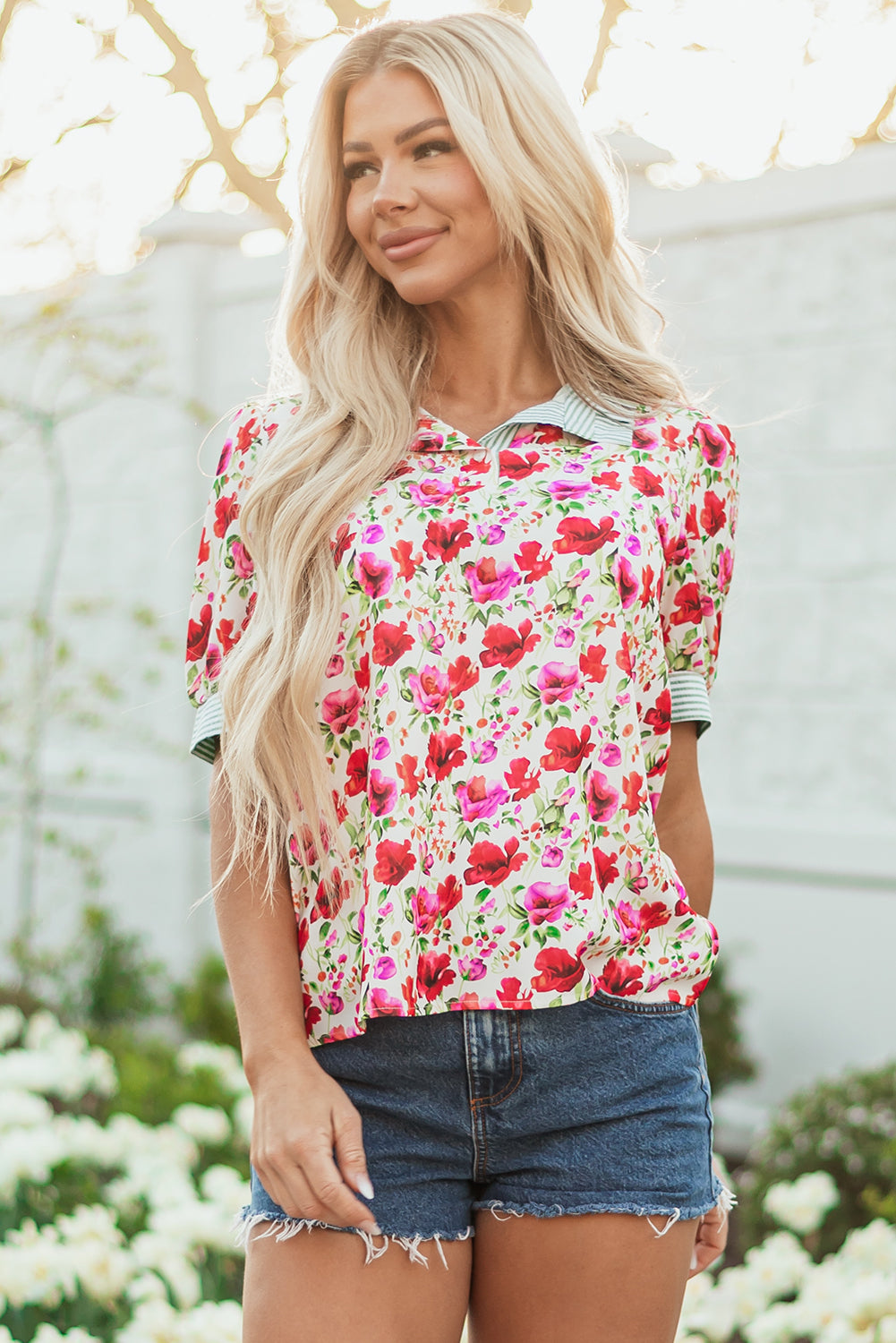 Sky Blue Floral Print Striped Patchwork Collared Short Sleeve Blouse