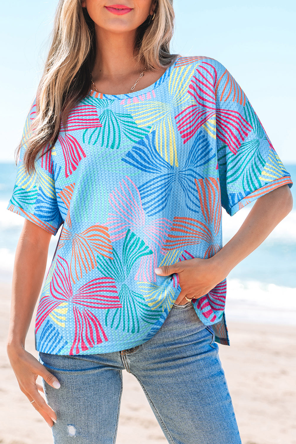 Pink Bowknot Printed Waffle Crewneck Loose Short Sleeve Top
