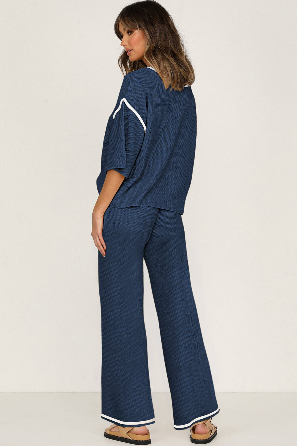 Canton Contrast Trim Half Sleeve Top Drawstring Pants Loose 2pcs Sweater Suit