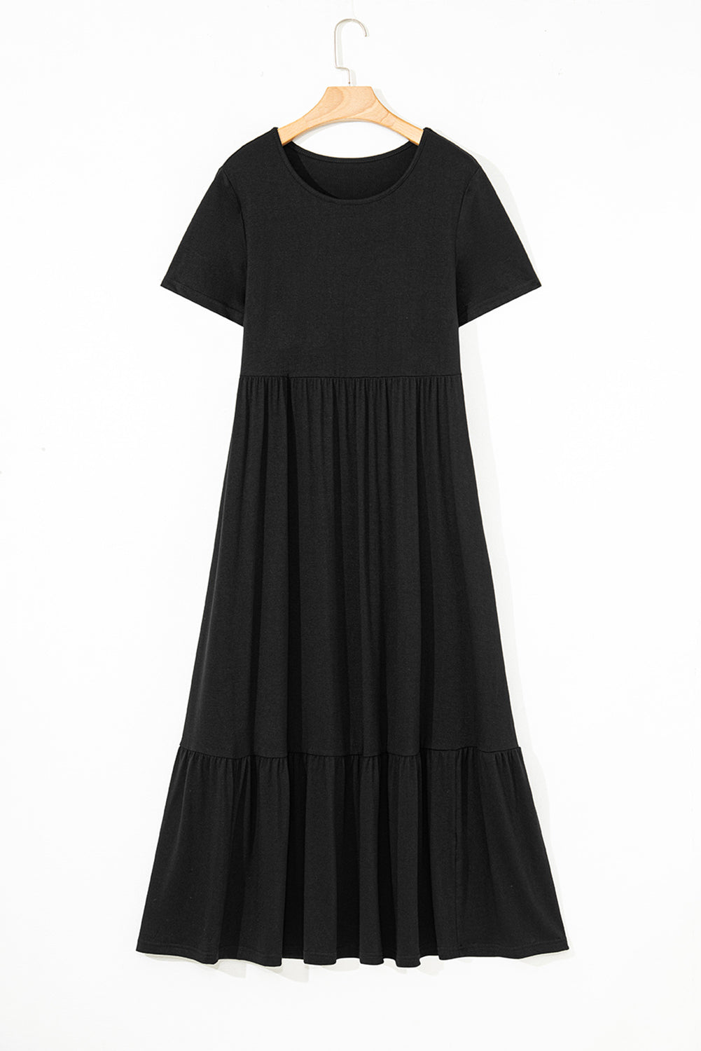 Black Solid Color T-shirt High Waist Pocketed Long Dress