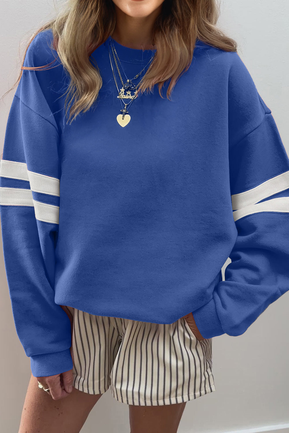 Red Dahlia Varsity Striped Detail Drop Shoulder Oversized Sweatshirt