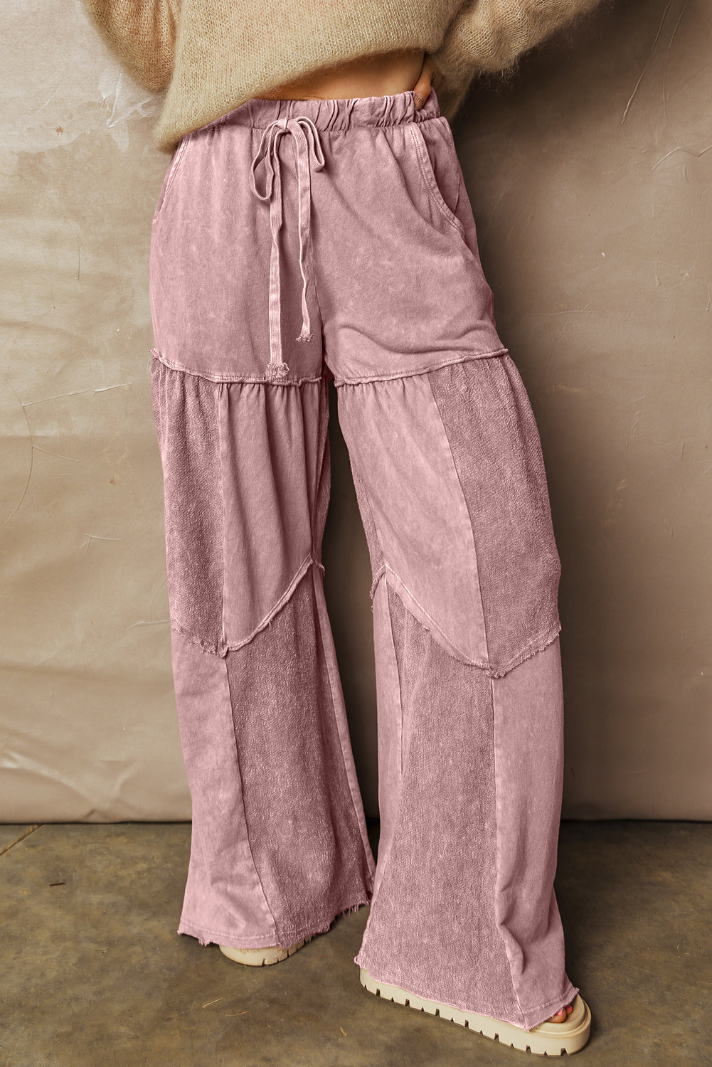Black Mineral Wash Tiered Wide Leg Patchwork Drawstring Pants