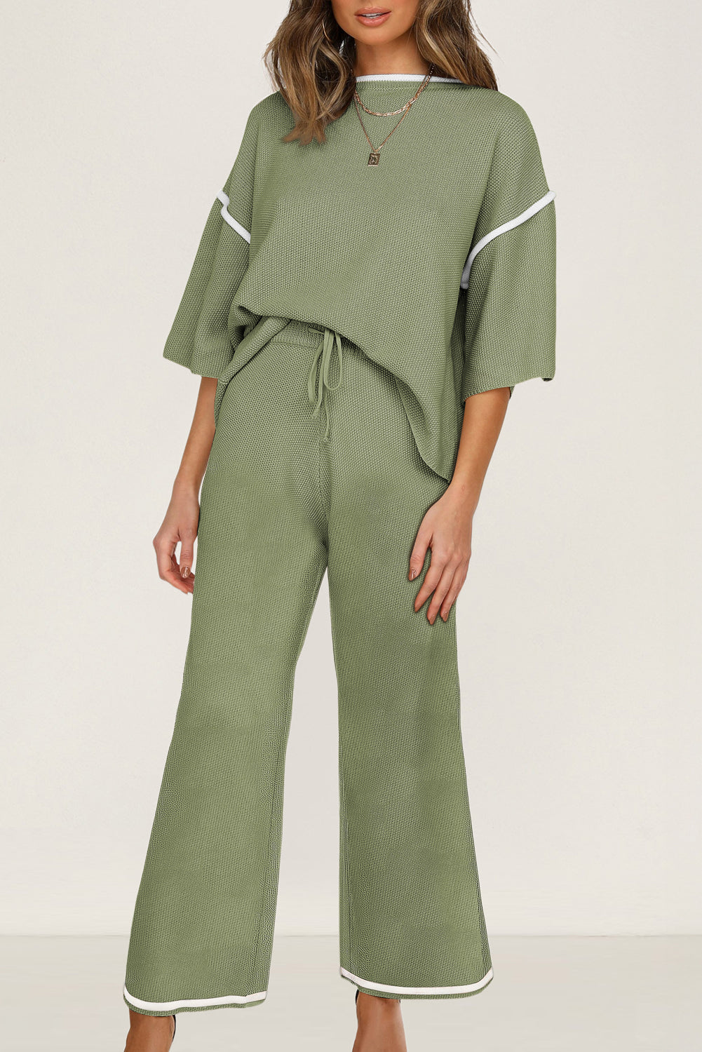 Canton Contrast Trim Half Sleeve Top Drawstring Pants Loose 2pcs Sweater Suit