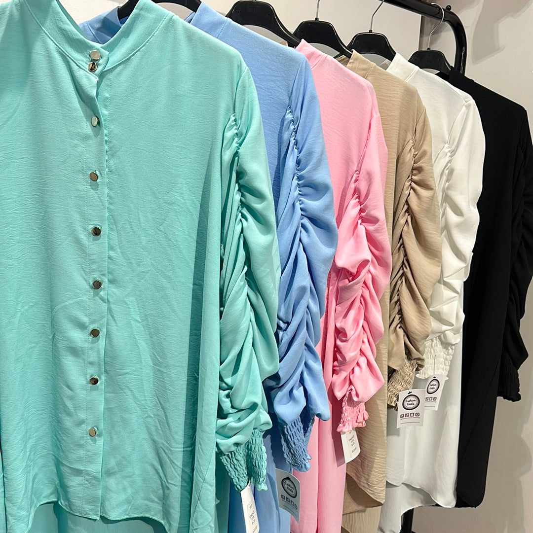 1517 - RUCHED LONG SLEEVE GOLD BUTTON TOP