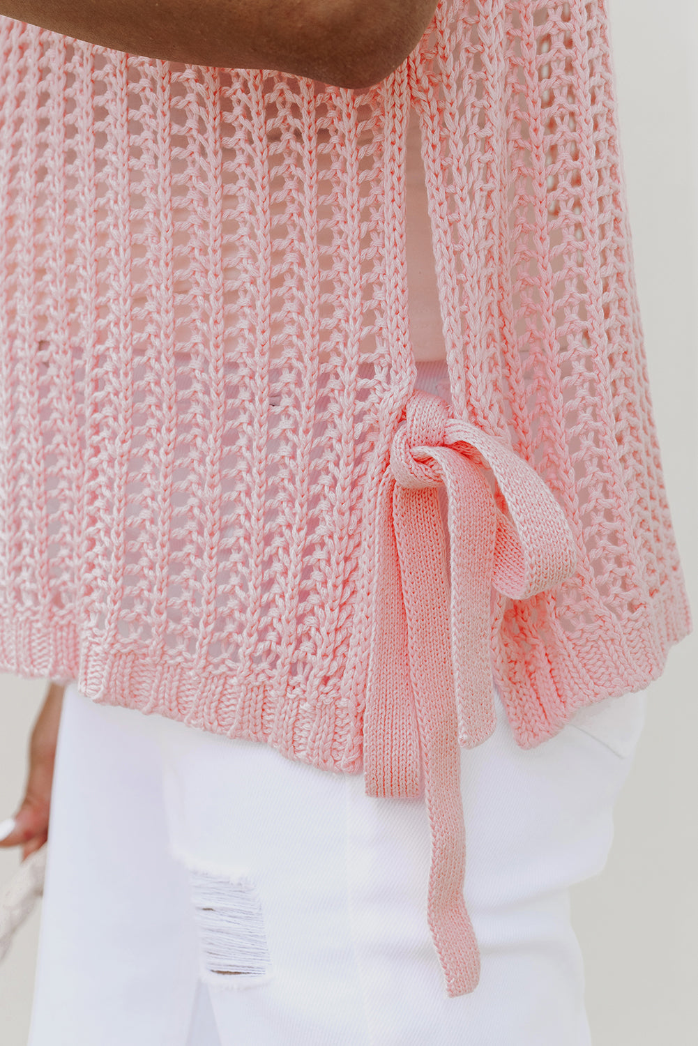 Yellow Cream Hollow-out Crochet Side Tied Short Sleeve Sweater