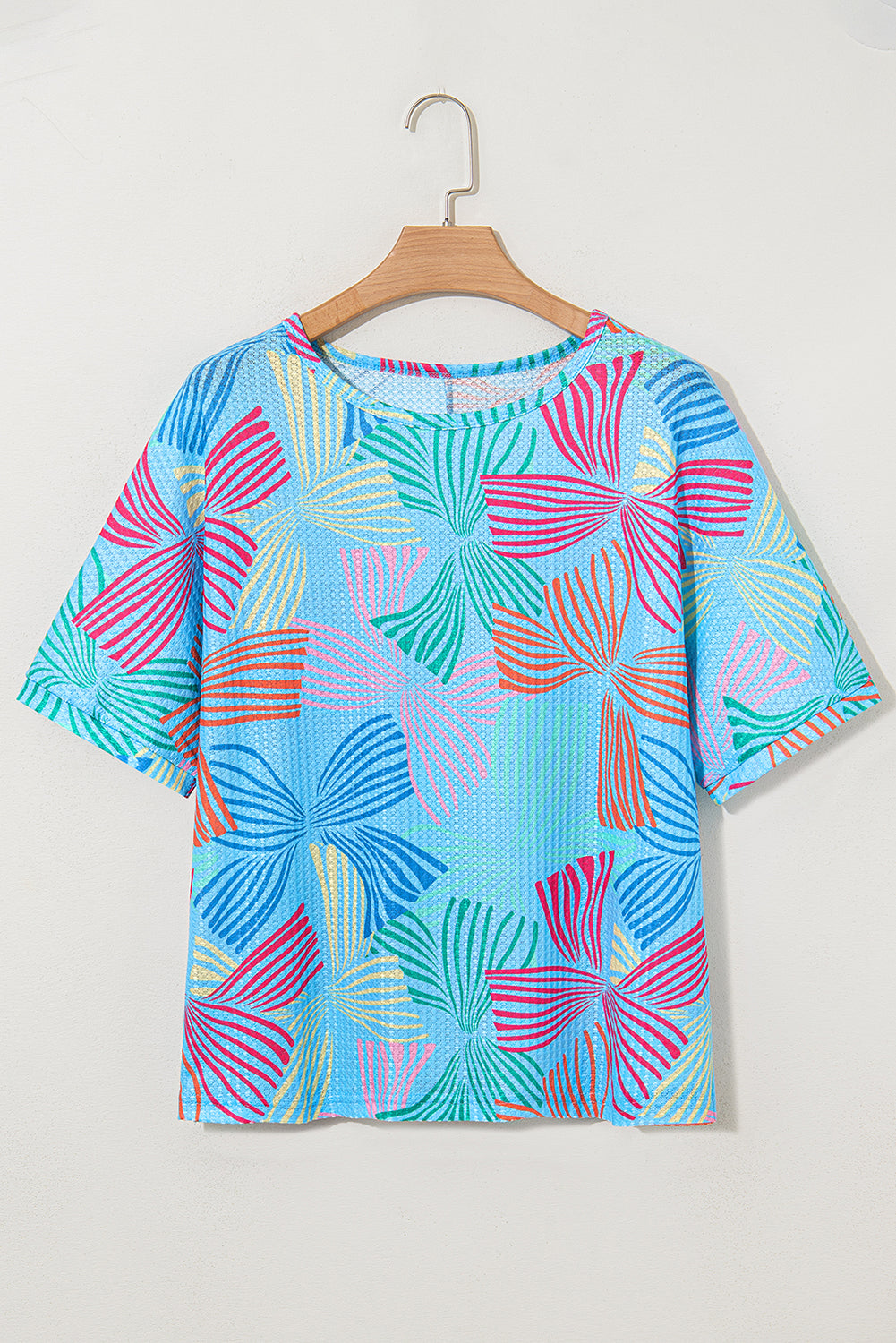 Pink Bowknot Printed Waffle Crewneck Loose Short Sleeve Top