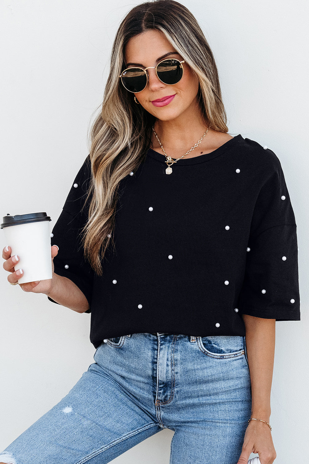 Bright Pink Pearl Beaded Drop Shoulder Crewneck T Shirt