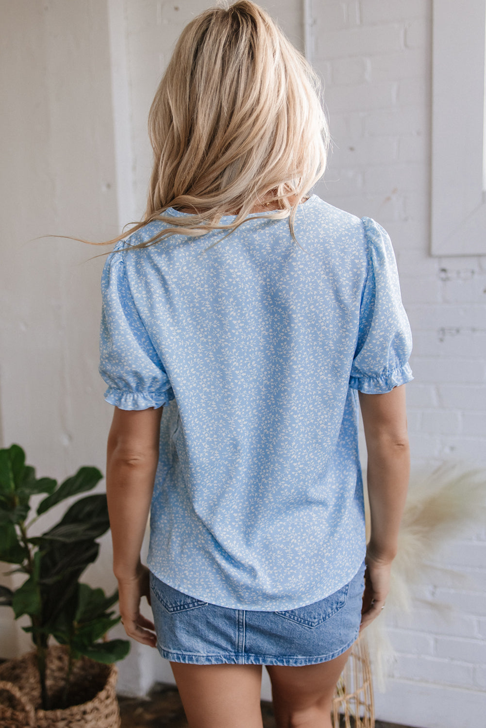 Pink Floral Embroidered Puff Sleeve Notched V Neck Blouse