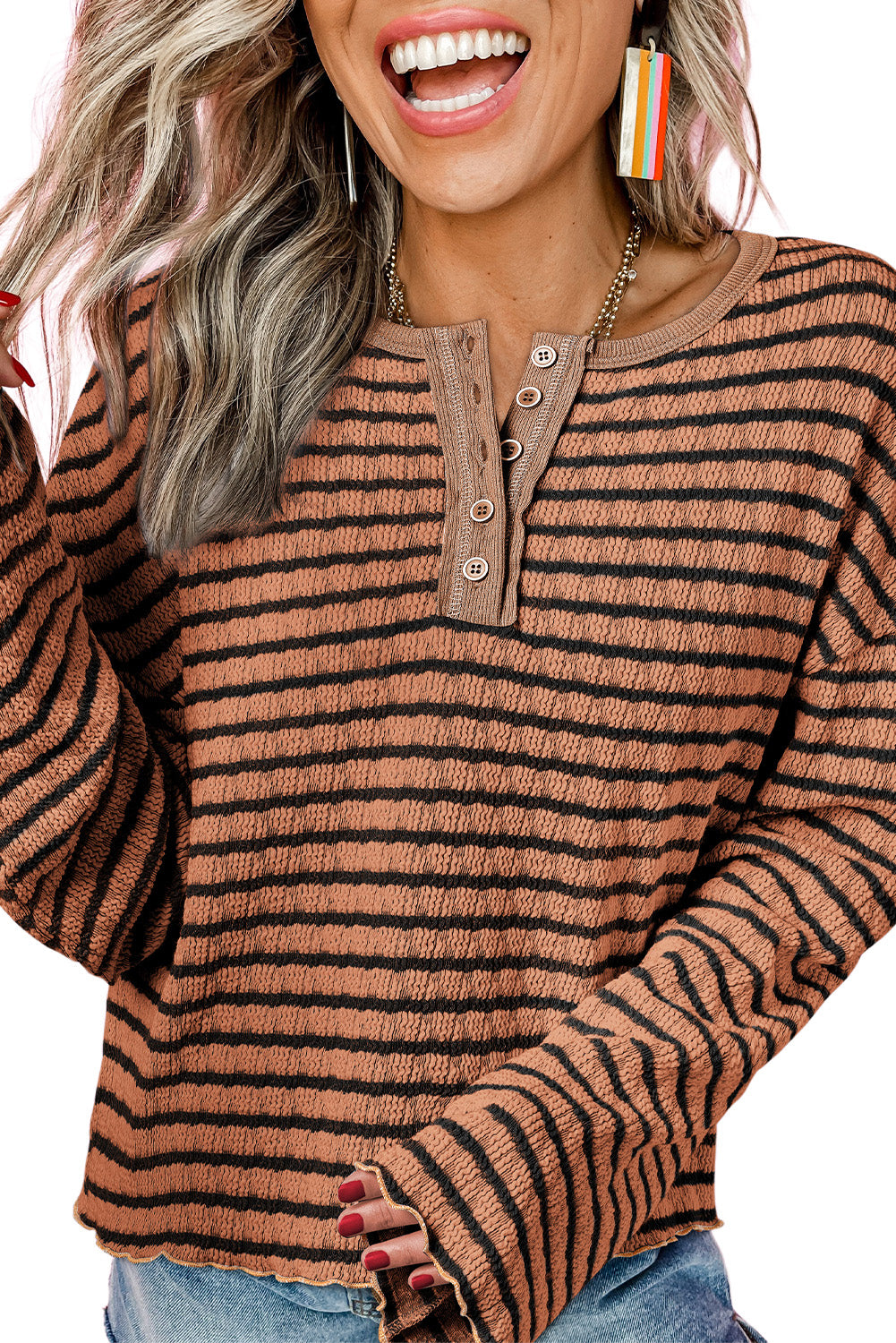 Sky Blue Stripe Textured Frilly Trim Buttons Henley Long Sleeve Top