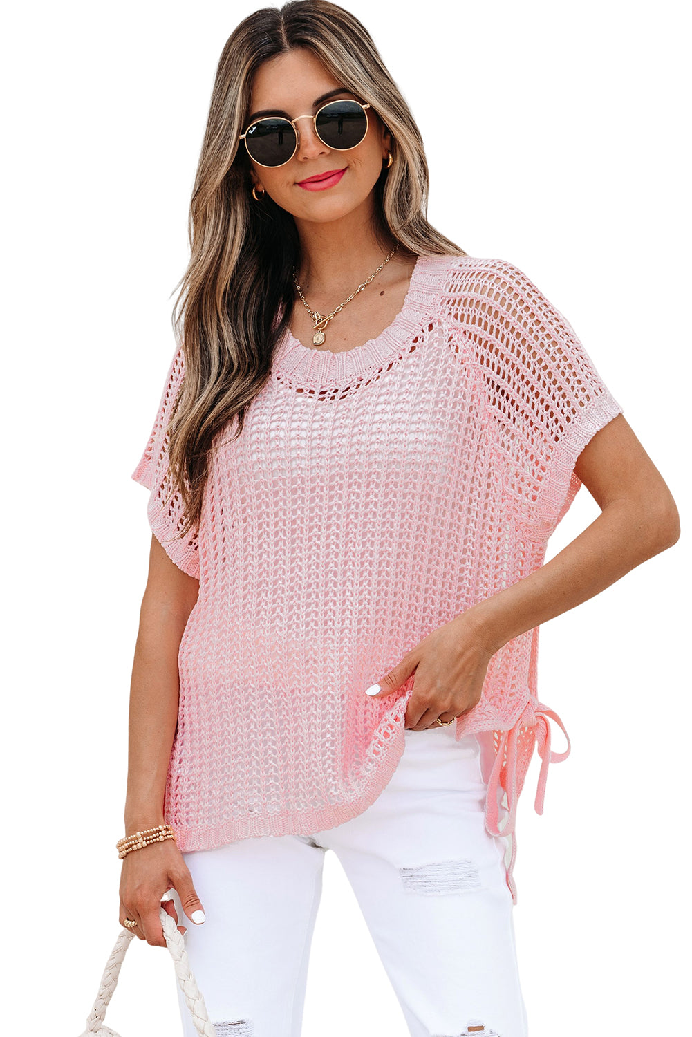 Yellow Cream Hollow-out Crochet Side Tied Short Sleeve Sweater