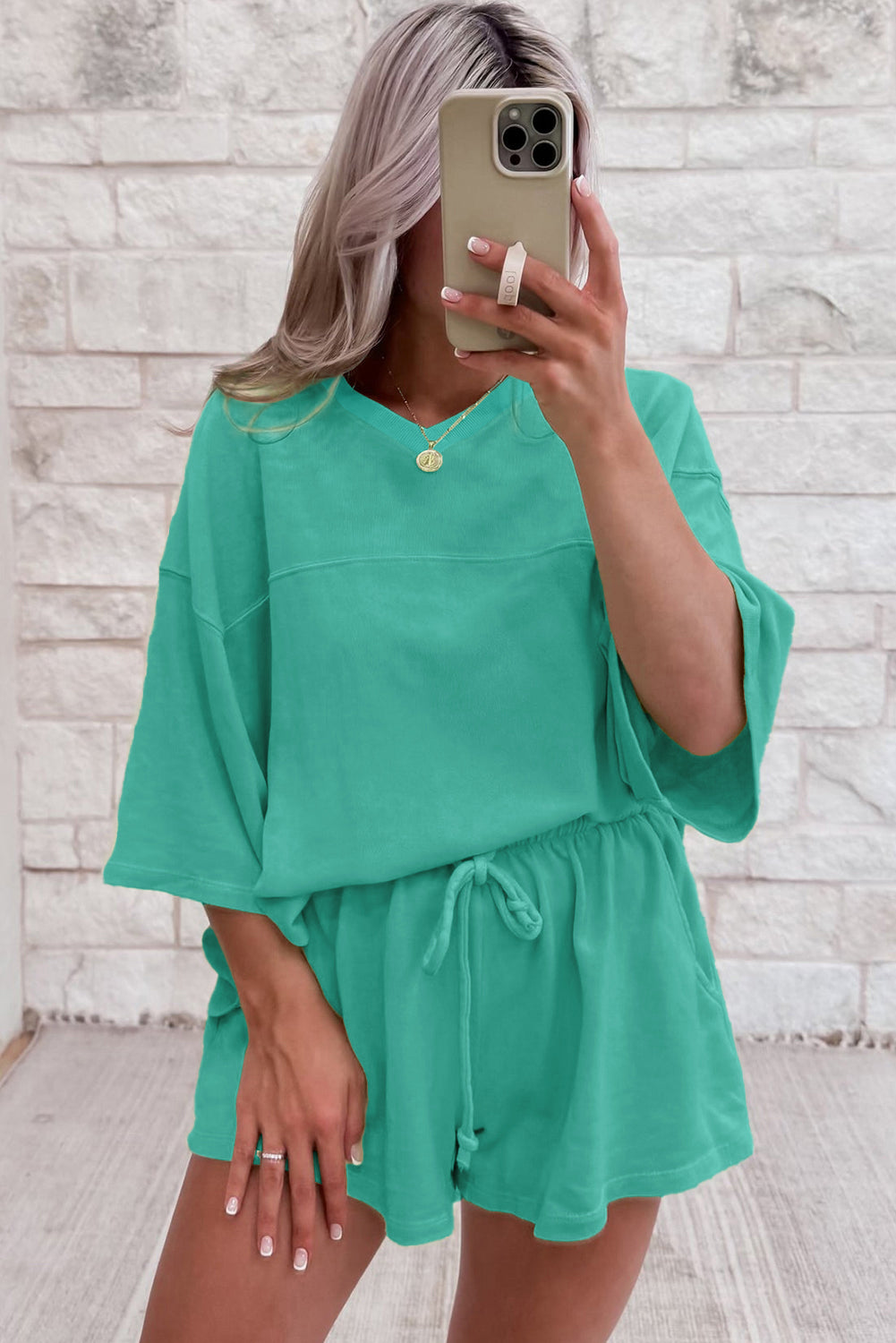 Bonbon Solid Loose V Neck Half Sleeve Tee and Shorts