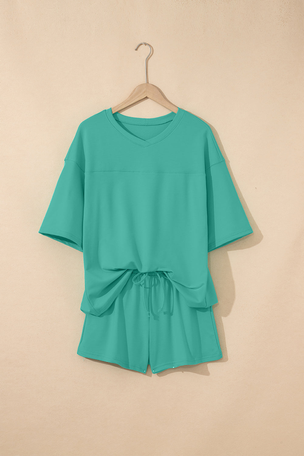 Bonbon Solid Loose V Neck Half Sleeve Tee and Shorts