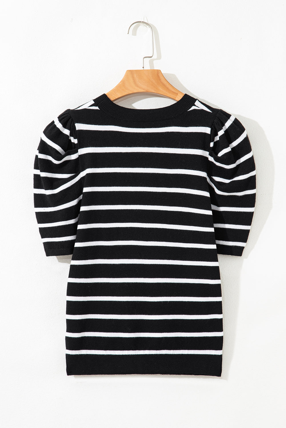 Blue Stripe Ribbed Trim Round Neck Bubble Sleeve Knitted Top