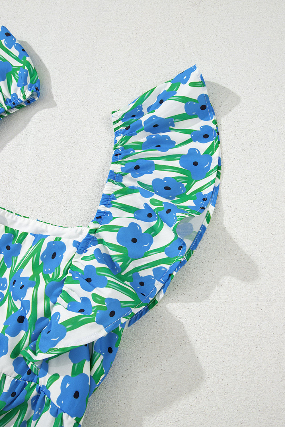 Blue Floral Print Square Neck Ruffled Strap Maxi Dress