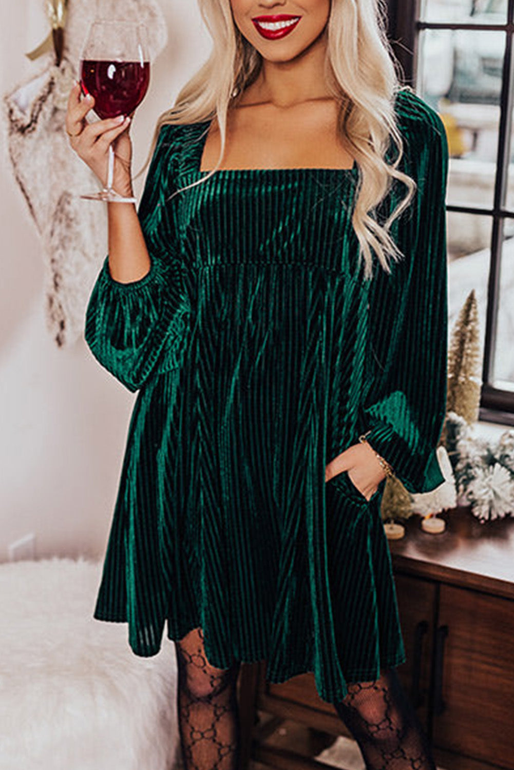 Black Tie Back Square Neck Velvet Babydoll Dress
