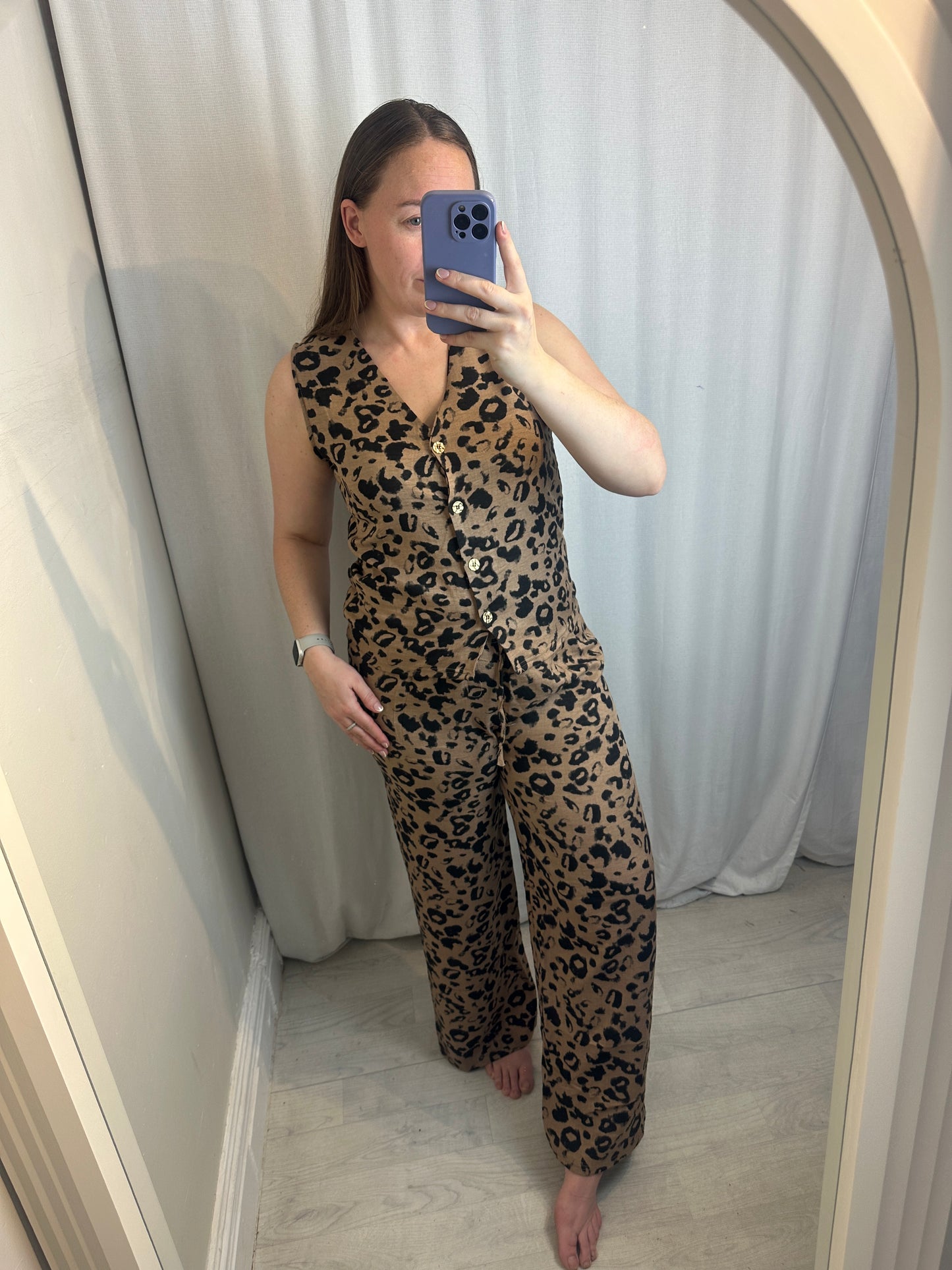 Leopard Print Button-Up Vest & Wide Leg Pant Set