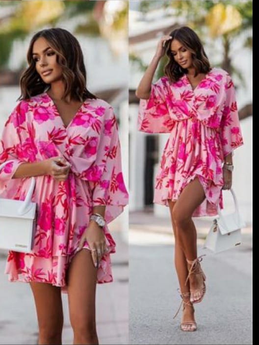 1643 - Patterned Batwing Layered Dress