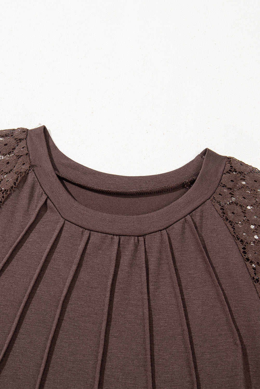 Dark Brown Contrast Lace Raglan Sleeve Pleated Detail Shift Dress
