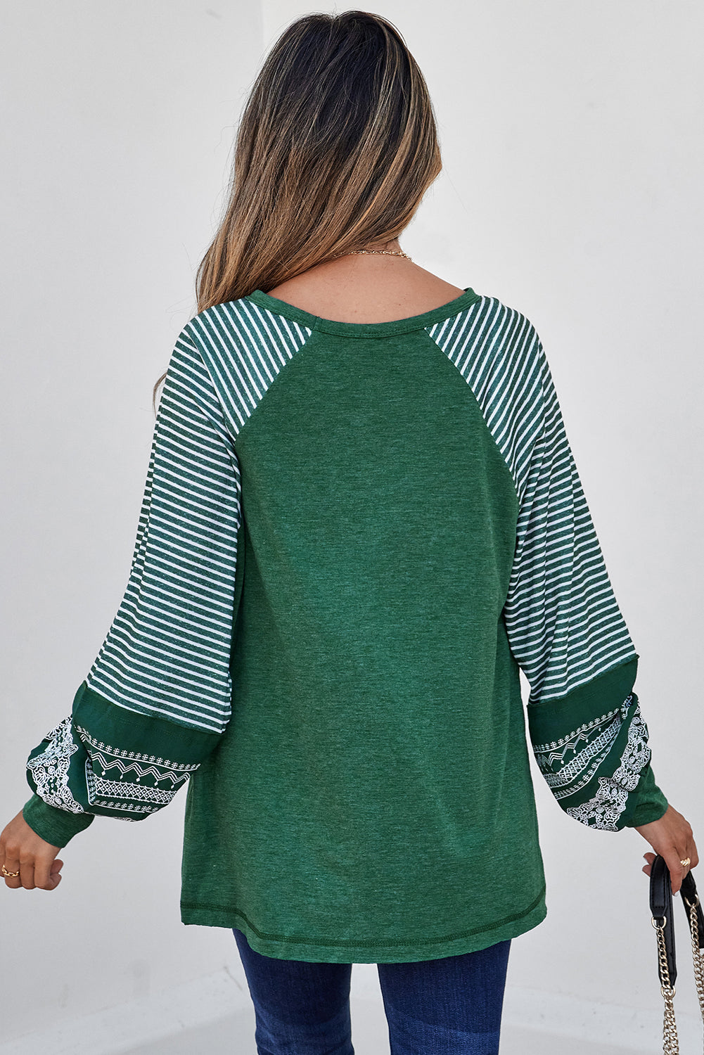 Navy Blue Contrast Print Striped Raglan Long Sleeve Loose Top