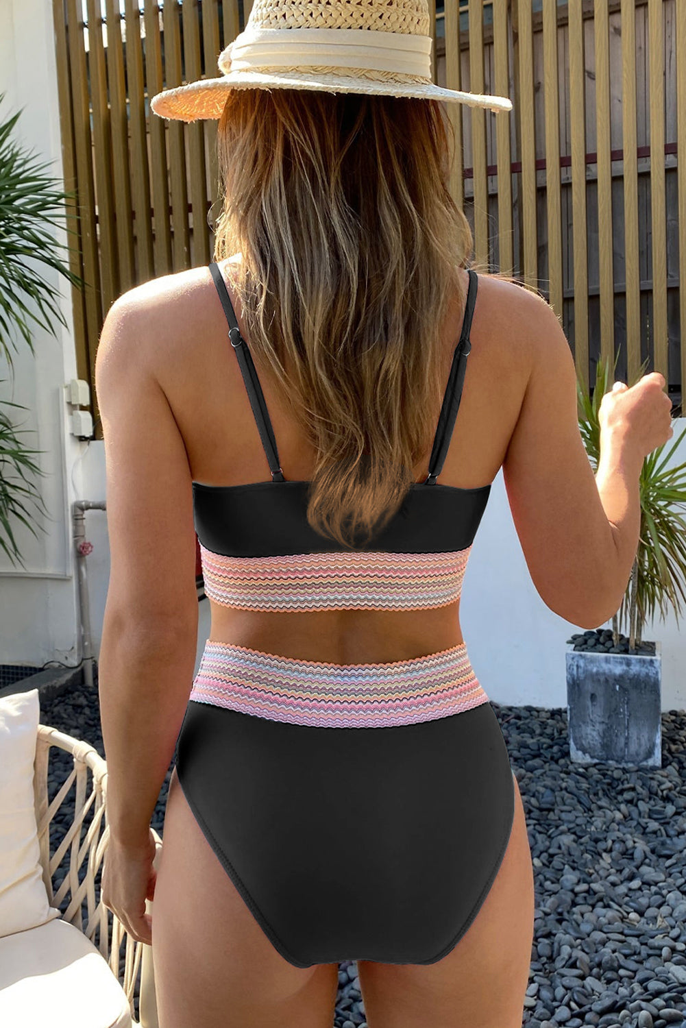 Peach Blossom Striped Patchwork Spaghetti Strap High Waist Bikini Swimsuit